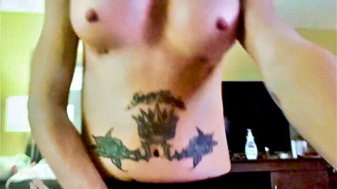 Tattooed muscular man in underwear for busty TS oral POV video