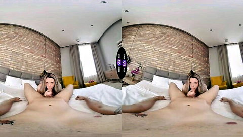 Nude blonde with small tits spreads legs wide exposing shaved pussy on bed in playful shush POV VR