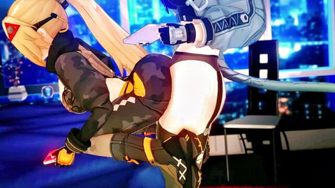 Blonde anime babe bent over exposing juicy white ass cheeks in doggy style tease