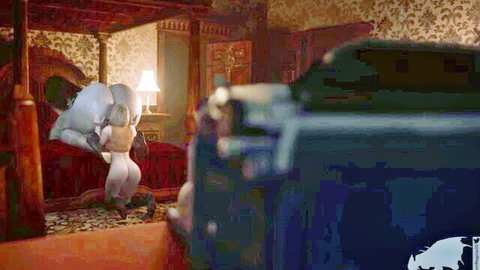 Blonde curvy MILF in doggy style with big white mouse character, 3D animated sex scene