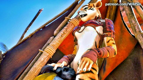Muscular anthropomorphic tiger furry spreads legs exposing huge tits and shaved pussy with black beast kneeling below in outdoor tent