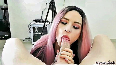 Pink-haired big tits amateur babe spreads legs and fucks her pussy with huge dildo