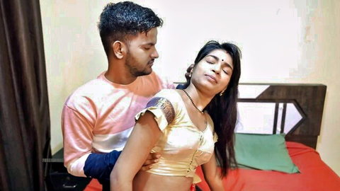 Indian husband roughly grabs sexy wife from behind as she tilts head back in pleasure