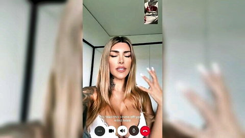 Blonde big tits tattooed slut teases with spread fingers gesture on webcam video call JOI