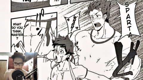 Two muscular anime hunks in intense shouting pose grabbing face with SPARTA text