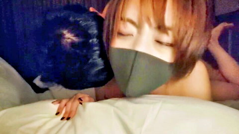 Short-haired Japanese model in masked intimate kiss, petite miracle body amateur style