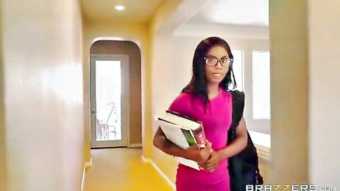 Ebony beauty in tight pink dress and glasses holding books, seductive schoolgirl vibe
