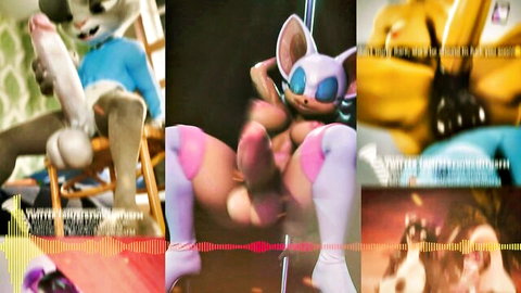 Pink trans furry catgirl strips on pole exposing hard cock and pussy in video game hentai PMV collage