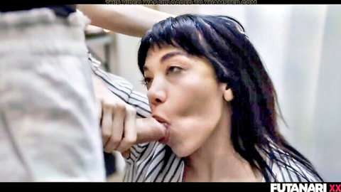 Asian brunette sucking thick cock deep into her wide-open mouth with hand gripping base