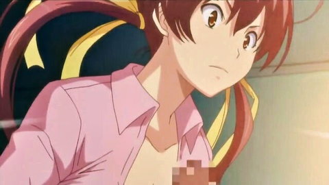 Anime redhead girl in pink shirt showing cleavage, surprised look from Harem Time Ep.2