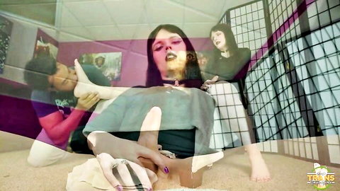 Trans women in teasing foot play and domination scene from Grooby Girls