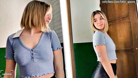 Syndicete teasing in sexy blue crop top in store fitting room