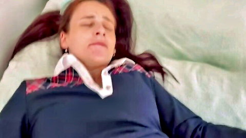 Pregnant redhead woman sleeping in plaid collared shirt, stepdad fantasy tease