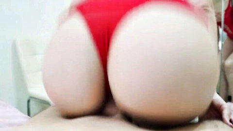 Curvy woman's big white ass in red thong, bent over exposed