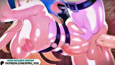 Hentai trans babe with big glossy tits in harness squeezing huge pink erect cock and balls