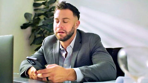 Seth Gamble in suit checking phone before sex with Lexi Luna