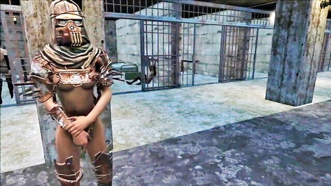 Masked armored babe with bare tits and shaved pussy stands nude in gritty prison cell