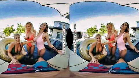 Three busty tanned blondes in tiny bikinis squeeze big tits poolside outdoors