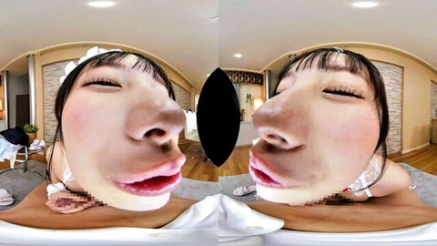 VR POV closeup of cute Asian babe's ahegao face with tongue out and crossed eyes on bed