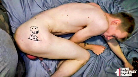 Young twink naked on bed with Snoopy butt tattoo, bareback POV prep