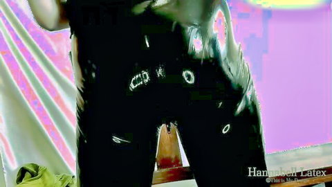 Stunner in black latex pants with openings, teasing huge dildo insertion