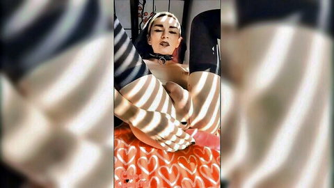 Emo nun punished: spread legs in striped stockings, exposing shaved pussy