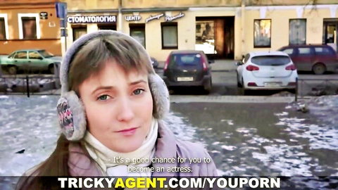 Tricky Agent casting slim brunette in snowy street audition