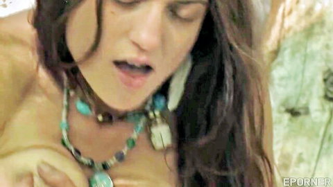 Passionate brunette MILF with big tits moans intensely outdoors in turquoise jewelry