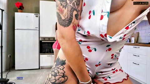 Bella Mur in revealing cherry print lingerie, tattoos, teasing cleavage
