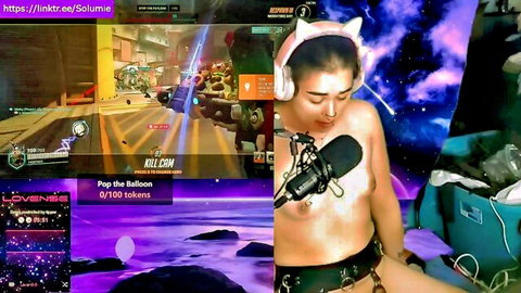 Asian transsexual Overwatch streamer topless in harness and thong vibed by audience