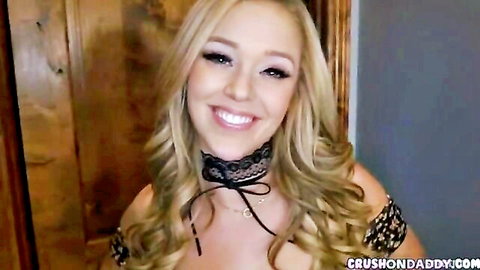 Blonde stepdaughter smiling in mom's sexy lace choker lingerie