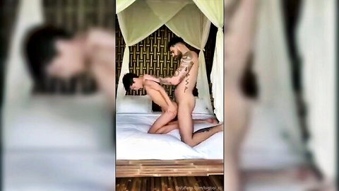 Tattooed Asian daddy fucking slim twink boy doggy style