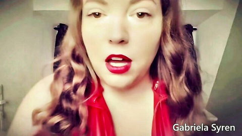 Gabriela Syren seductive close-up in open red top, showing cleavage