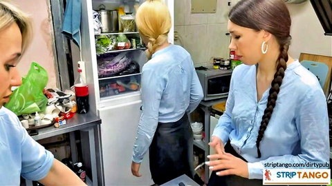 Three amateur cam girls in blue blouses and skirts posing in casual scene