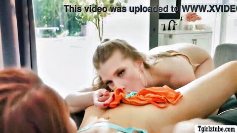 Blonde and redhead exchange clothes, get soaked in steamy lesbian screw session