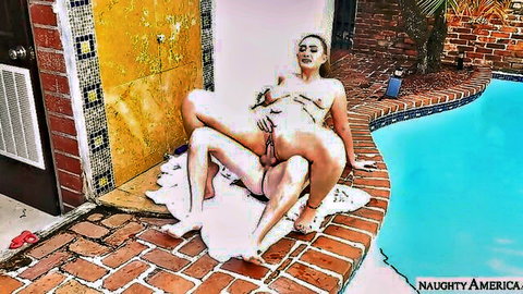 Britt James straddling cock poolside, cum on tits and body