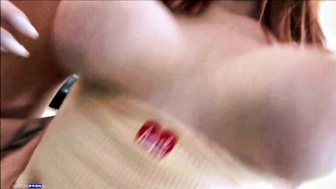 Annabel Redd topless with big tits and red kiss mark, teasing close-up