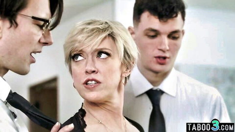 Blonde MILF in lace top teased by two suited men in intense taboo threesome setup