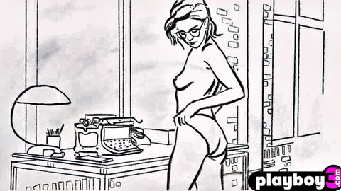 Skinny nude babe with glasses poses sideways by typewriter desk exposing perky tits and tight ass