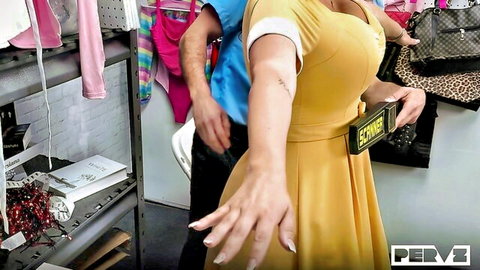Zoey Foxx in yellow dress caught stealing by security in Shoplyfter scene