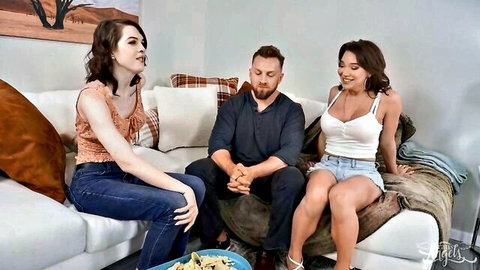 Emma Rosie and Bryce Beckett with brunette babe in casual couch tease