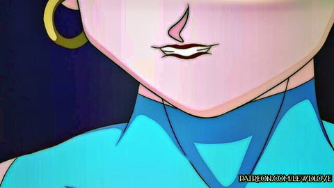 Seductive anime hentai girl close-up with glossy pink parted lips and gold earrings