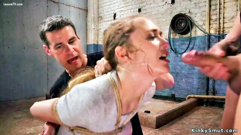 Bound blonde trainee crotch roped for BDSM oral and fucking