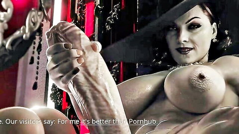 Gothic villainess with huge tits gripping massive cock in handjob