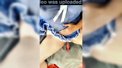Asian MILF in blue dress masturbates with red dildo solo
