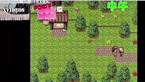 Pixelated anime girl explores lush green field in hentai harem adventure game