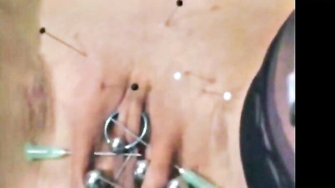 Pierced pussy labia stabbed with needles and syringes in extreme medical BDSM torture closeup