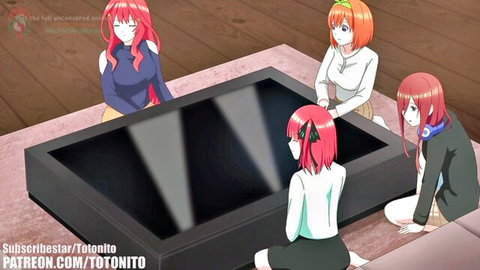 Four cute anime girls with red and orange hair sitting clothed around a low table.