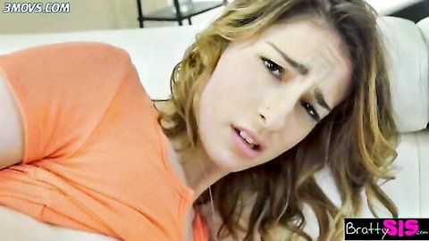 Blonde stepsister in orange top surprised during quick fuck with stepbrother