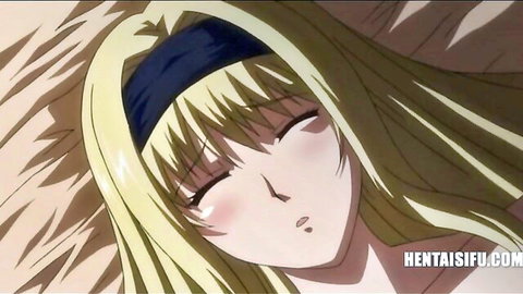 Blonde hentai girl with black headband lying seductively, eyes closed in pleasure